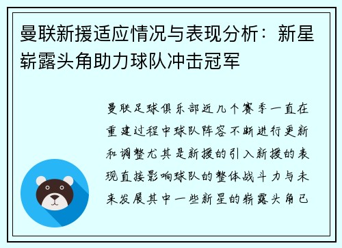 曼联新援适应情况与表现分析：新星崭露头角助力球队冲击冠军